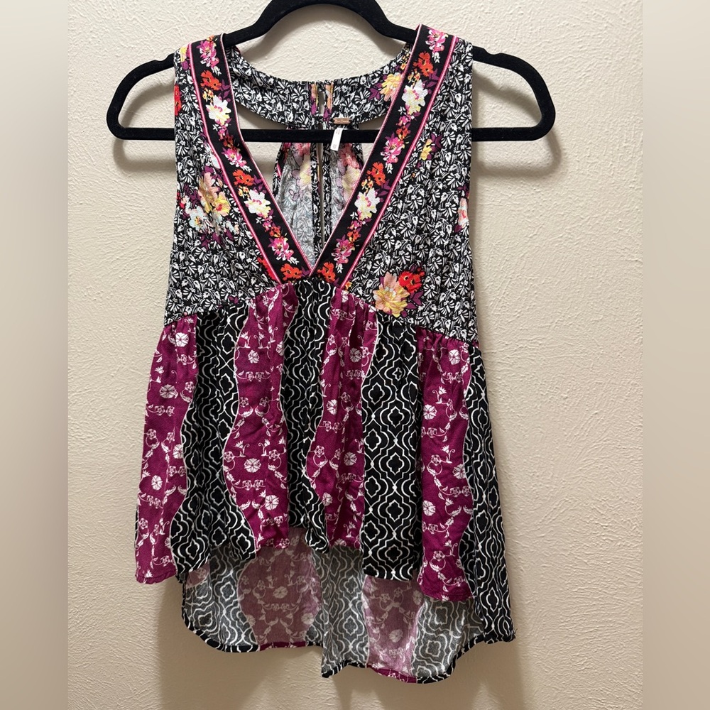 Free People Dream Darlin Top Floral Paisley Geometric Keyhole Blouse Boho Tank - Picture 5 of 9